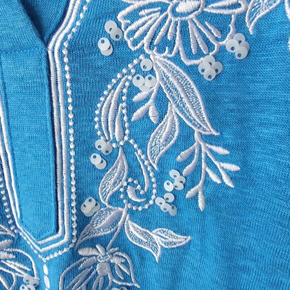 Chico's womens  100% Linen Embroidered V-Neck Tunic size XL Blue 3/4 sleeve - Picture 5 of 7